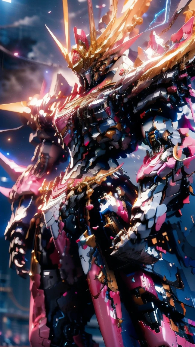 Real、high resolution、8K、The Strike Freedom Gundam stands in space emitting pink light particles.、Particles of light surround the aircraft、Facing the camera、(Female humanoid giant robot)、