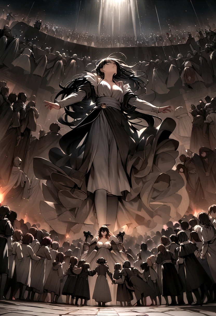 oil, Coming down from the sky, A breathtaking masterpiece, Vivid,  Caravaggio, 8K，Angelic，A large number of people，fallen Angel，Duel Night Battle Angel vs. Many Humans，9 people