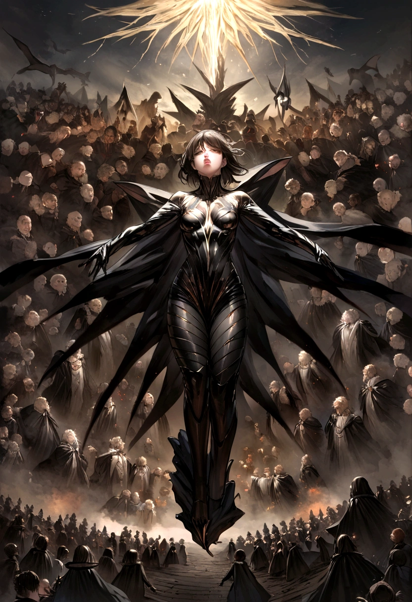 oil, Coming down from the sky, A breathtaking masterpiece, Vivid, Caravaggio, 8K,Angelic,A large number of people,fallen Angel,Duel Night Battle Angel vs. Many Humans,9 people