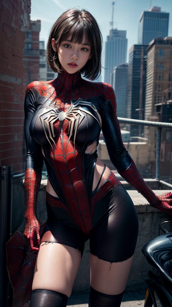 nsfw:1.1((Cowboy Shot))、Mature Woman、(masterpiece, Highest quality), Intricate details, 8K, 1 Girl, Long Hair, Bowl Cut Hair,((blunt bangs))、 Black Hair,((Spiderman Suit)),Skyscraper, city, building,street,((Delicate painting)),(Detailed RAW photos of girls), (Pieces fly:1.25), (Highest quality:1.6), (Ultra-high resolution:1.5), (Photorealistic:1.75), 8K resolution, Canon EOS R5, 50mm, Confused, Very detailed,Cinema Lighting、(((Super big breasts)))、Leg spread、The abdomen is visible、((Separate suits))、Spider knee-high socks、Sexy pose、spiderman bikini、(((Ripped and tattered suit:1.1)))