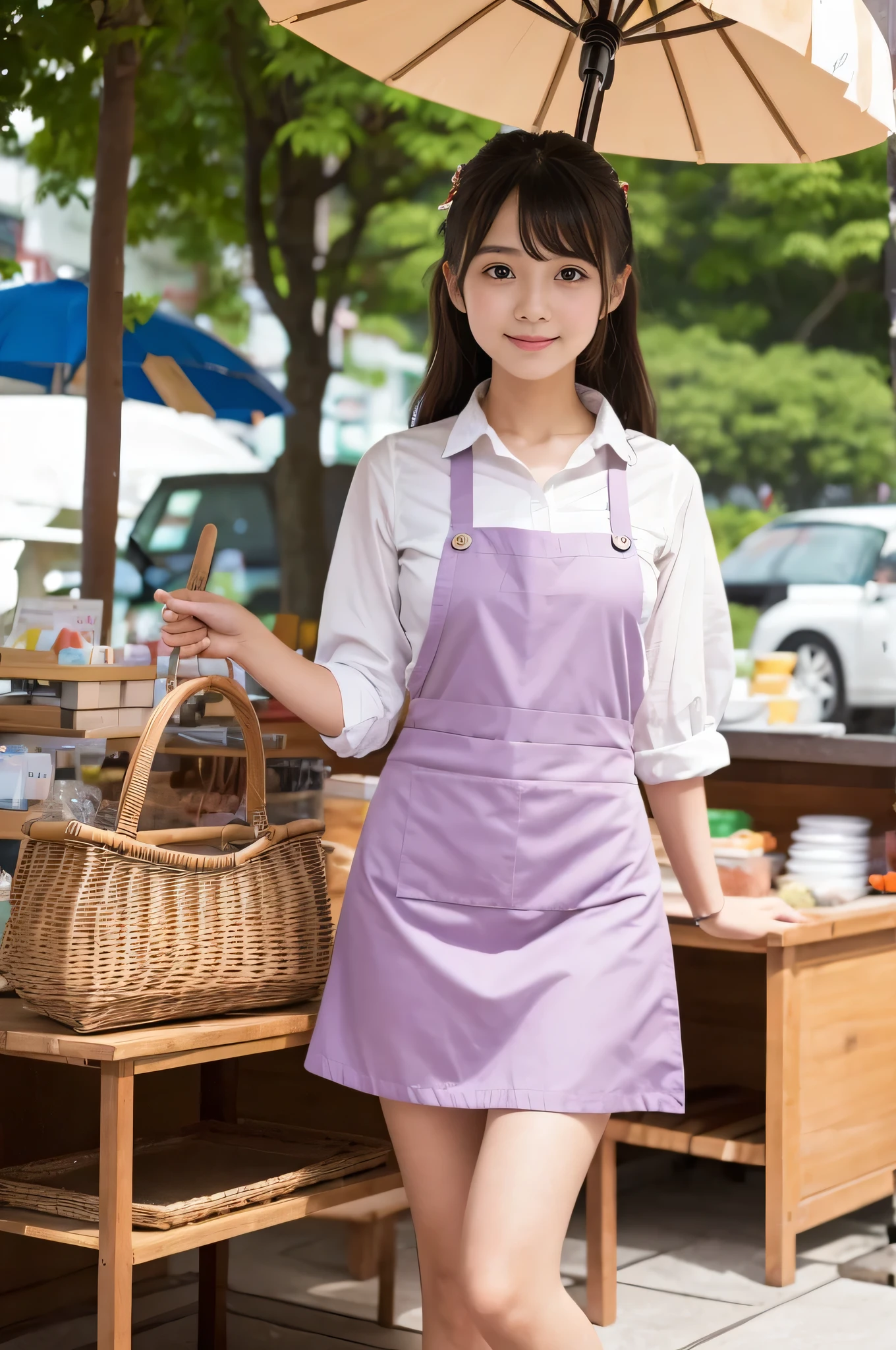 21 years old girl (Japanese cute face) wearing mini skirt and apron and working at shop selling umbrella and parasol