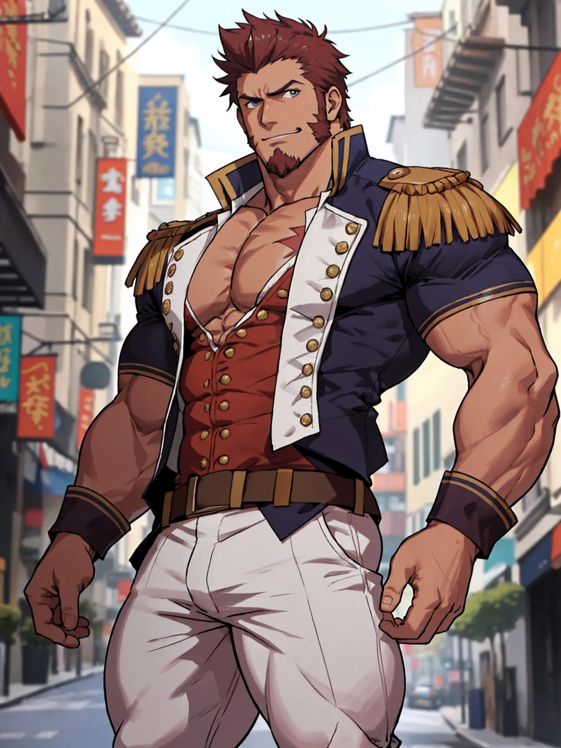 (Passionate, romantic), (Bara hunk with bulging muscles and rugged features, anatomically correct), (Best quality anime Fate), Napoleon Bonaparte from Fate, military uniform, showing off, (full body portrait)