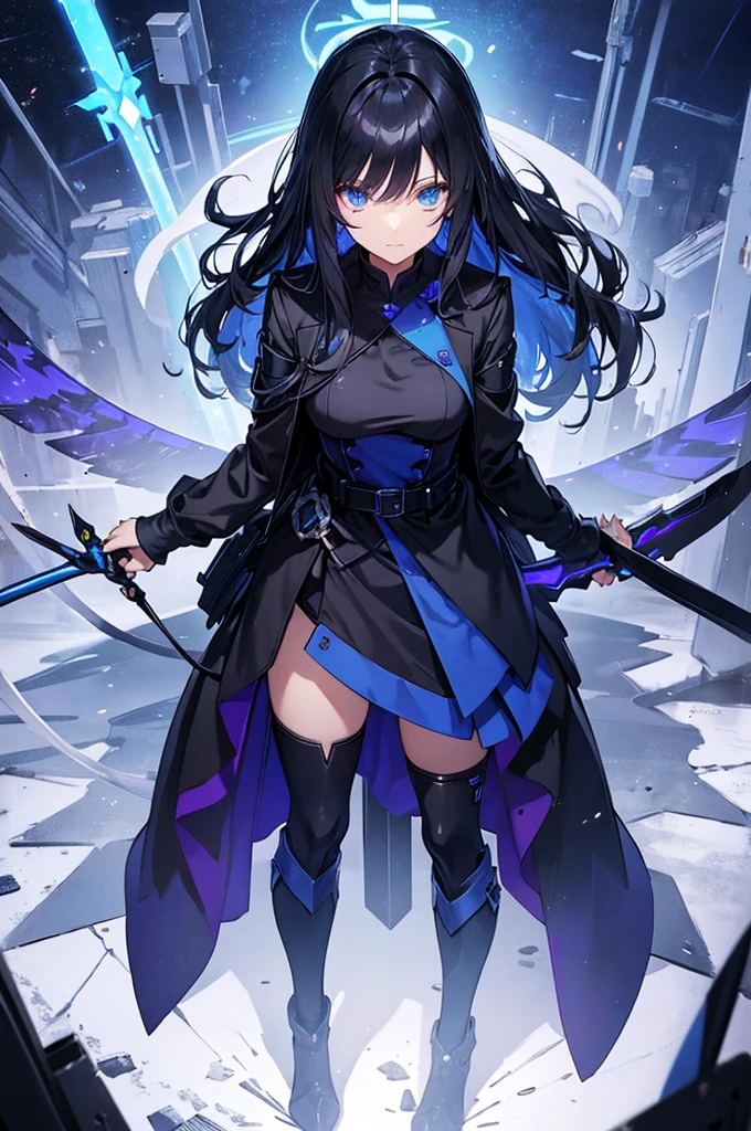 best quality, masterpiece, unit of two blue glowing saws behind waist, long black coat, long black hair, black cyhive boots, purple narrow eyes, two blue glowing swords, beautiful anime girl, portrait, from above