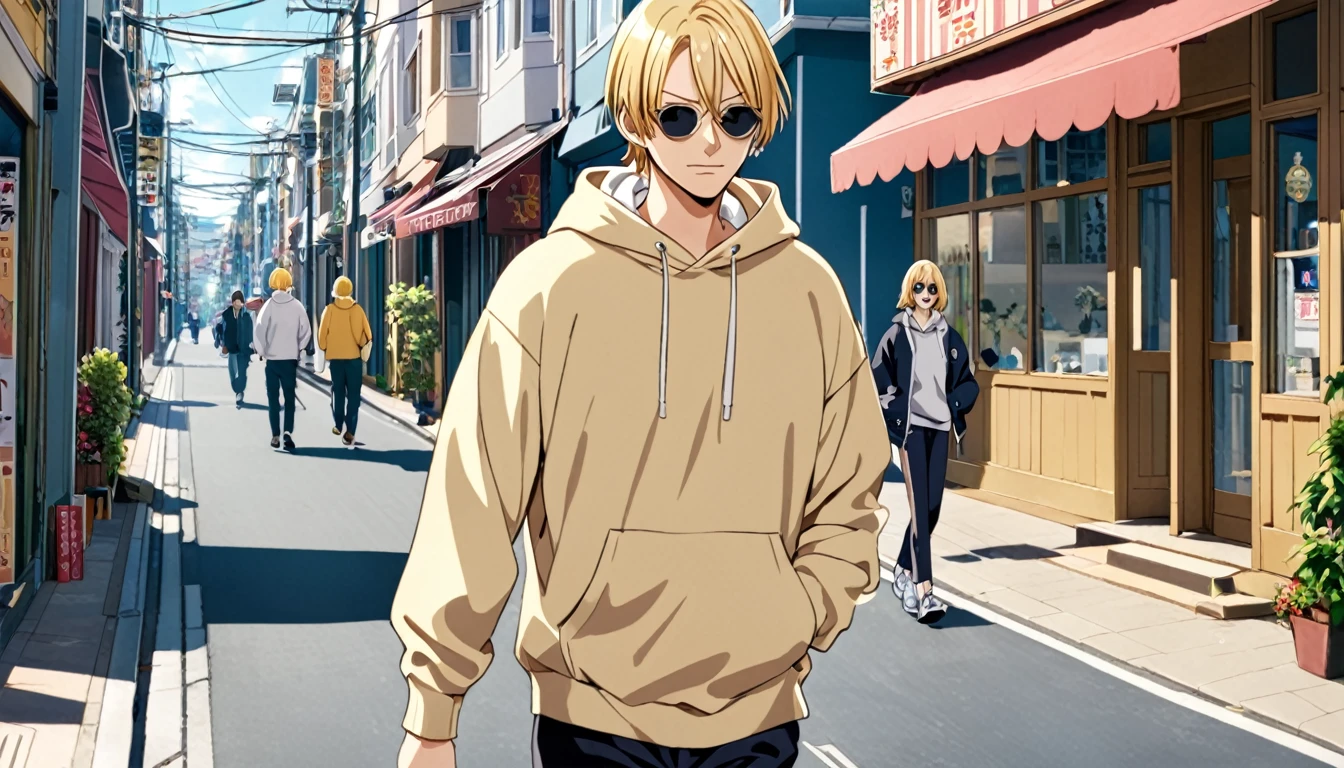 Sanji in a sweatshirt walking down the street