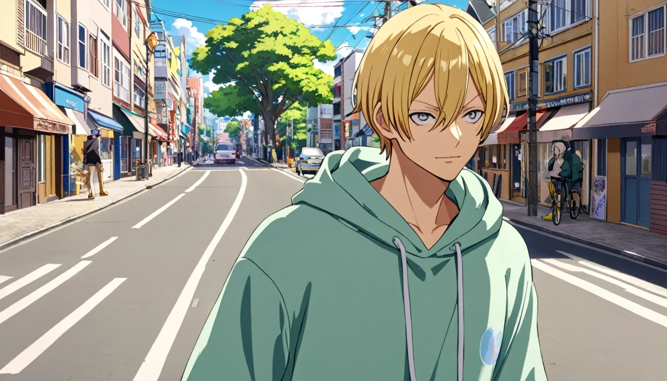 Sanji in a sweatshirt walking down the street