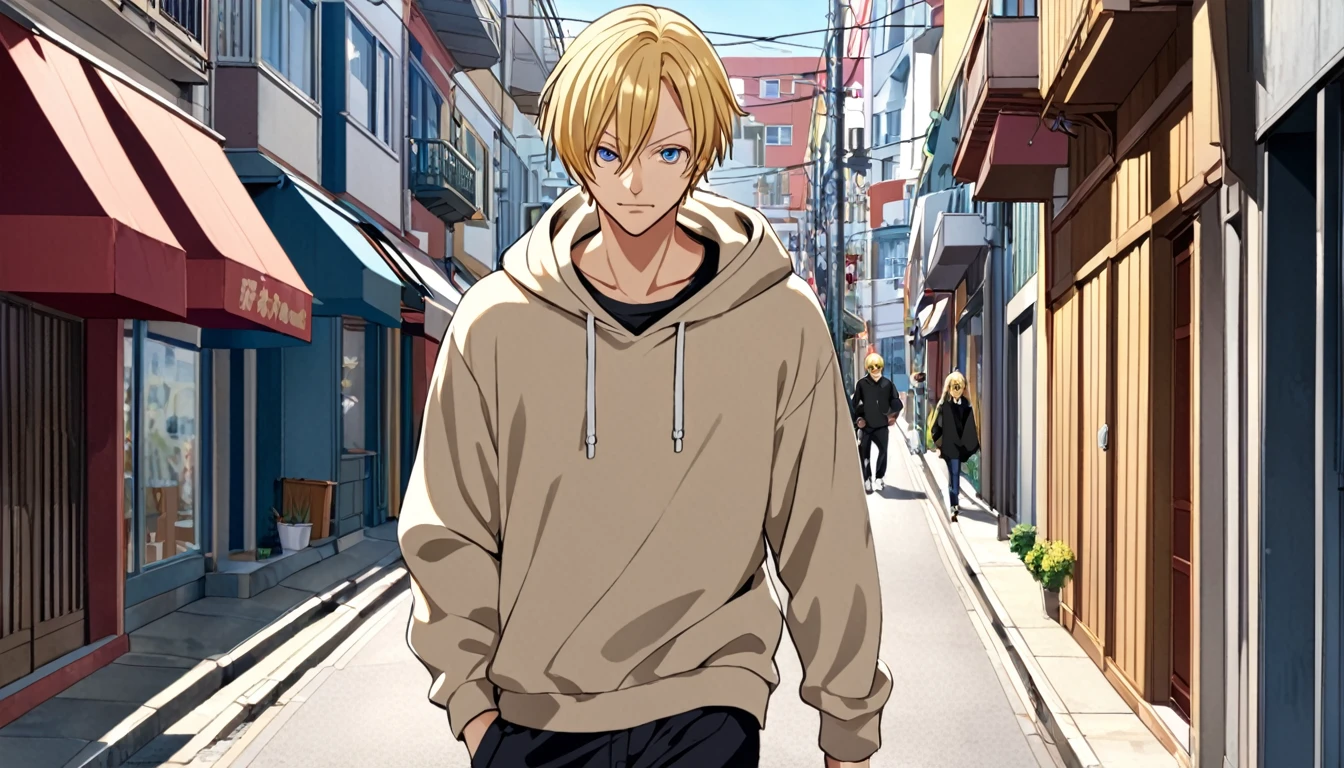 Sanji in a sweatshirt walking down the street 