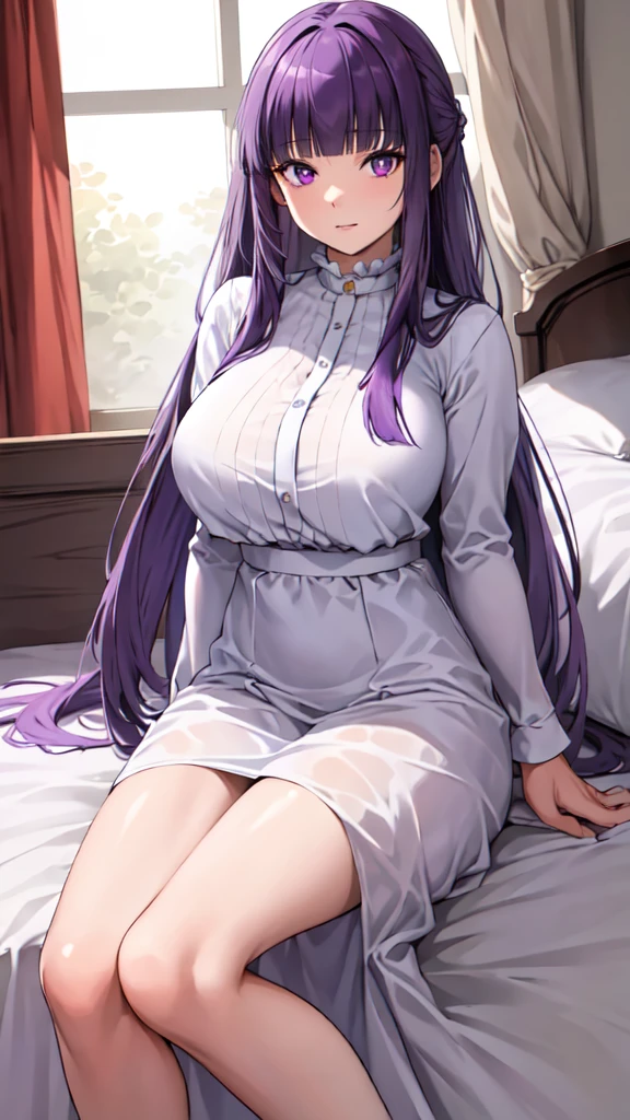 masterpiece, Highest quality, High resolution, Arfern, Long Hair, Purple Hair, Blunt bangs, Purple eyes, Large Breasts, Long dress, White Dress, Long sleeve, Sitting,arms behind head, Bedroom, Cowboy Shot,