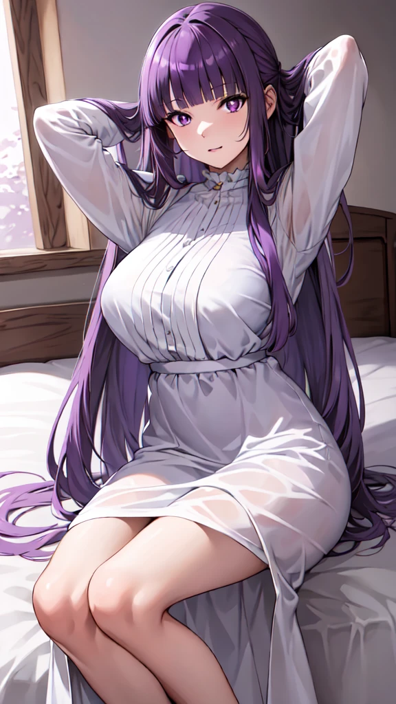 masterpiece, Highest quality, High resolution, Arfern, Long Hair, Purple Hair, Blunt bangs, Purple eyes, Large Breasts, Long dress, White Dress, Long sleeve, Sitting,arms behind head, Bedroom, Cowboy Shot,