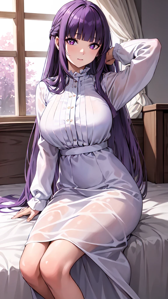 masterpiece, Highest quality, High resolution, Arfern, Long Hair, Purple Hair, Blunt bangs, Purple eyes, Large Breasts, Long dress, White Dress, Long sleeve, Sitting,arms behind head, Bedroom, Cowboy Shot,