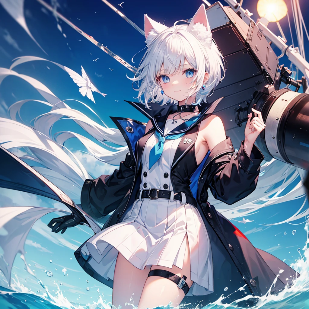 White Hair blue eyes short hair Have student Cat ear nice Blue Earrings necklace gloves beauty thin Sailor suit Put on a black coat Fantasy smile coastal sunset Fluffy hair