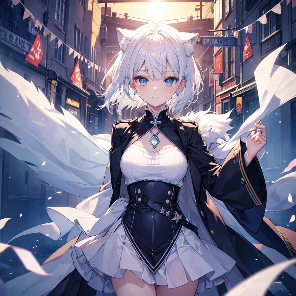 White Hair blue eyes short hair Have student Cat ear nice Blue Earrings necklace gloves beauty thin Sailor suit Put on a black coat Fantasy smile coastal sunset Fluffy hair