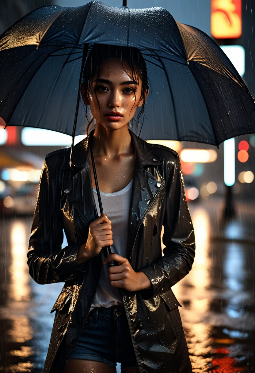 a tall girl, her face covered by umbrella, face darken face by umbrella shadow, hard rain, dirty-ragged clothes, tears, stand pose, high pose, under city light pole, dark night background, black umbrella, extremely detailed, epic digital photo art, artgerm, 8k, epic realism, heavy shower-rain, splash effect, light effect, dramatic effect, ground camera view, cinematic motion picture, motion blur, dramatic view