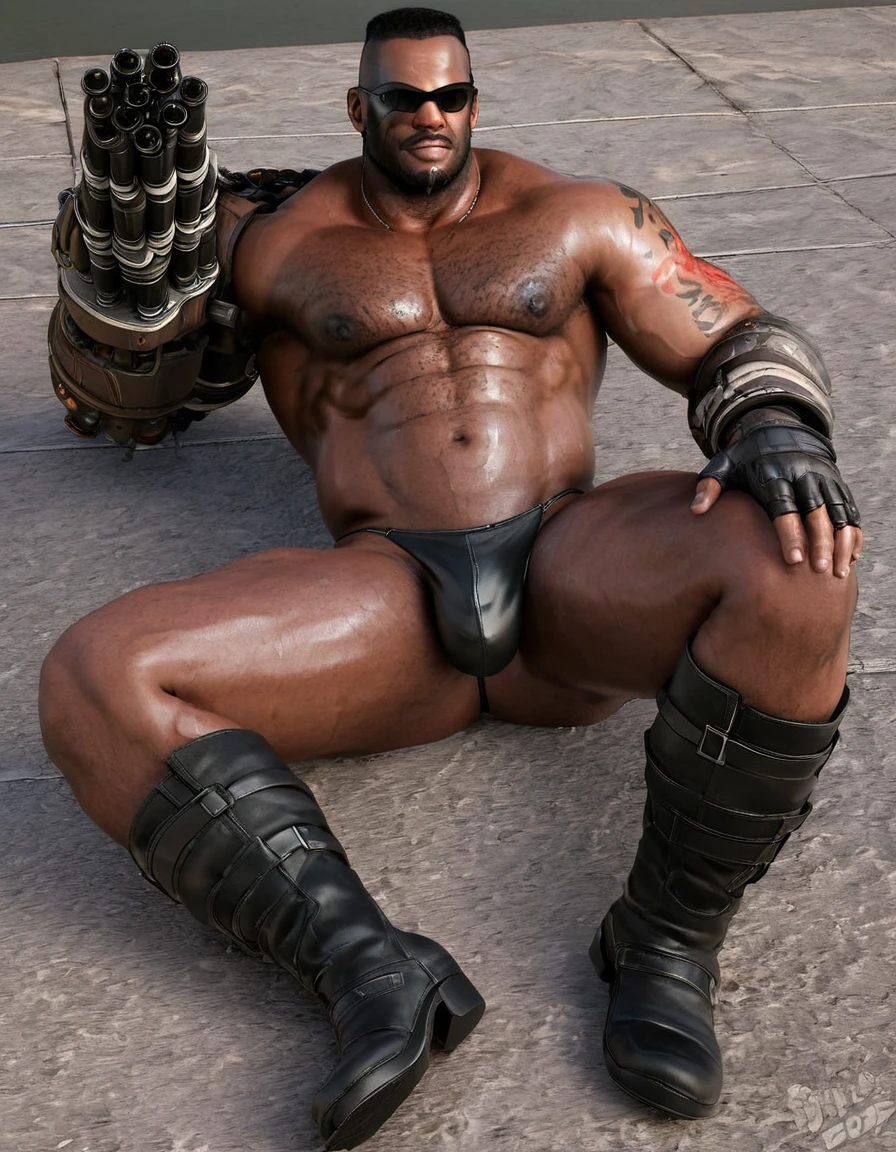 barret, dark skin male with gun arm and tattoo, sunglasses, bulk , shirtless , (black g-string) , full body , black boots , bulge , laying spread legs , His body was wet with cum