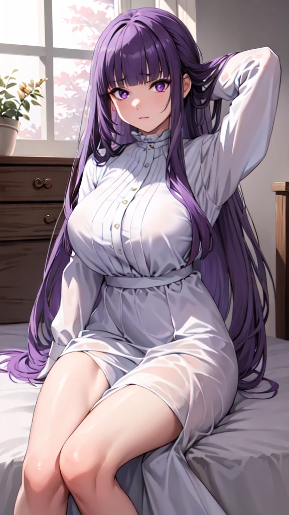 masterpiece, Highest quality, High resolution, Arfern, Long Hair, Purple Hair, Blunt bangs, Purple eyes, Large Breasts, Long dress, White Dress, Long sleeve, Sitting,arms behind head, Bedroom, Angry face,Cowboy Shot,