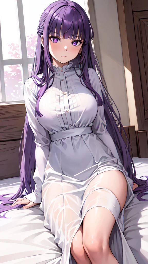 masterpiece, Highest quality, High resolution, Arfern, Long Hair, Purple Hair, Blunt bangs, Purple eyes, Large Breasts, Long dress, White Dress, Long sleeve, Sitting,arms behind head, Bedroom, Angry face,Cowboy Shot,