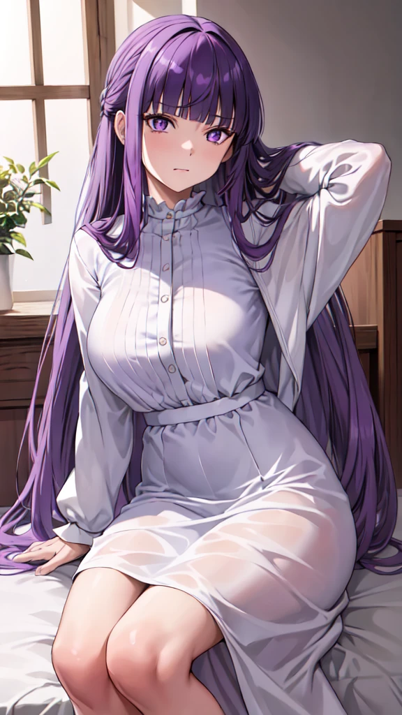 masterpiece, Highest quality, High resolution, Arfern, Long Hair, Purple Hair, Blunt bangs, Purple eyes, Large Breasts, Long dress, White Dress, Long sleeve, Sitting,arms behind head, Bedroom, Angry face,Cowboy Shot,