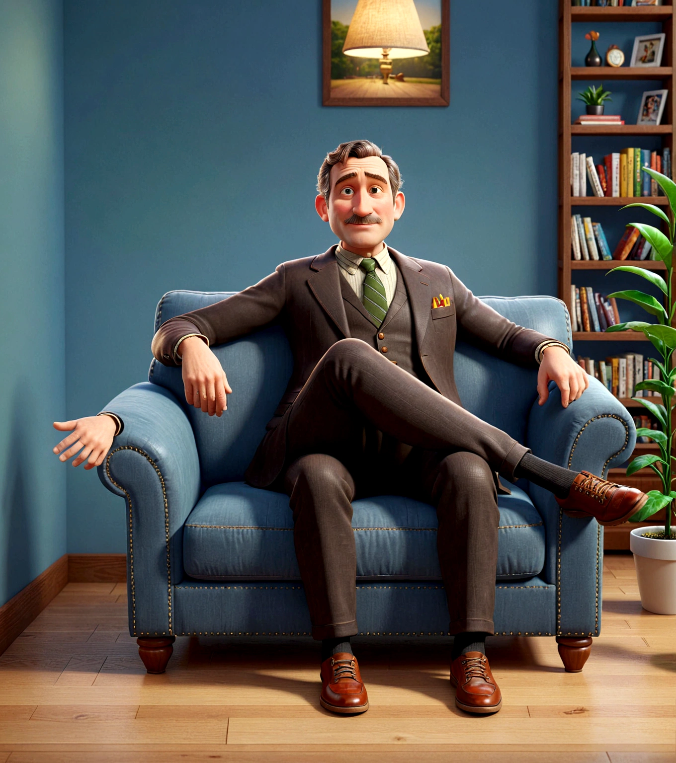 one man sitting on a couch in a living room, casual clothing, photorealistic, high-quality, detailed, warm lighting, comfortable interior, armchair, bookshelf, plants, wood floor, window, detailed facial features, detailed clothing texture, pixar style