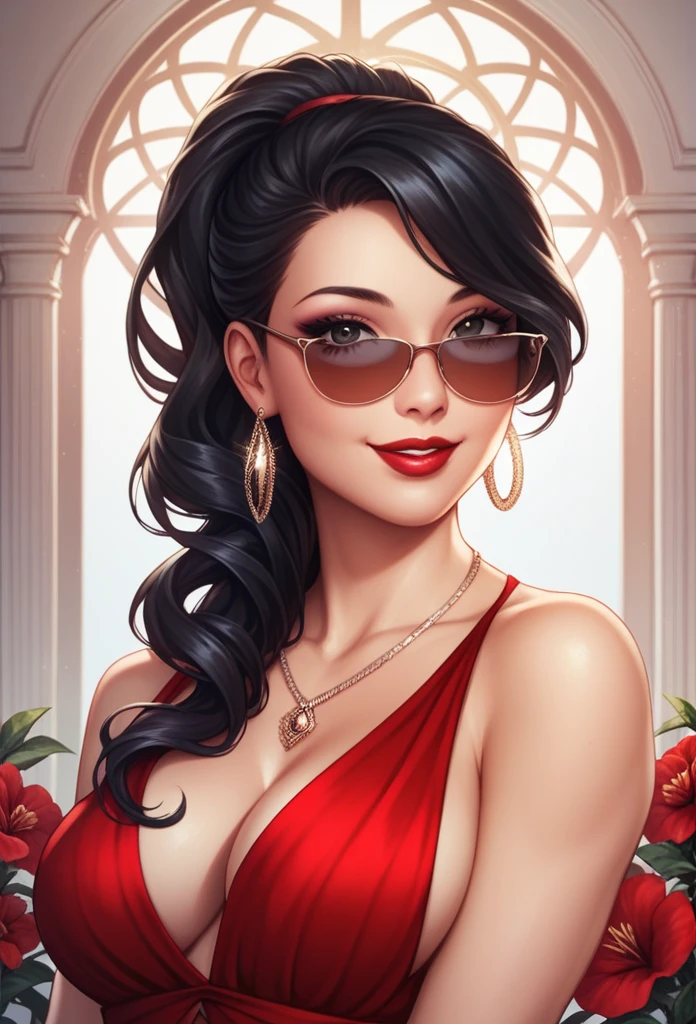 Hot sexy beautiful babe  , perfect body, detailed lips  ,black  hair,black eyes, wearing white sun glasses , detailed , big chandelier earrings , alluring face, smiling, necklace , red lipstick ,hair ponytail ,red flowers brochure,red gown, bracelet,