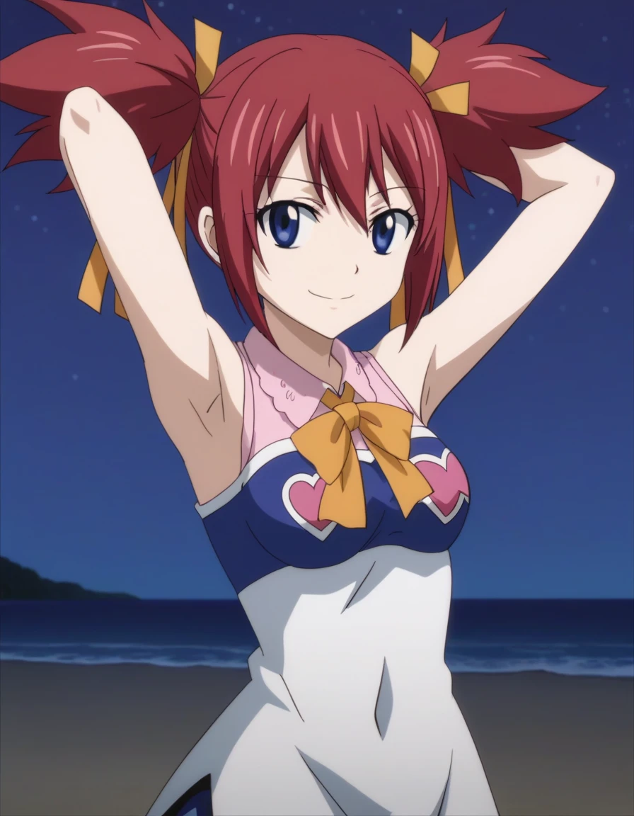 chelia_blendy, source_anime, rating_safe, intricate details, anime screencap, anime coloring, 1girl, solo,  red hair, blue eyes, ribbon, hair ribbon, twintails, short twintails, looking at viewer, solo, contrapposto, spread armpit, arms behind head, smile, looking at viewer, (cowboy shot:1.5), closed mouth, night sky, beach, high quality,