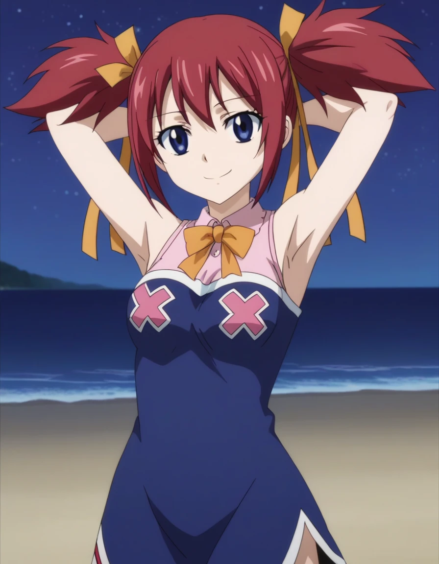chelia_blendy, source_anime, rating_safe, intricate details, anime screencap, anime coloring, 1girl, solo, red hair, blue eyes, ribbon, hair ribbon, twintails, short twintails, looking at viewer, solo, contrapposto, spread armpit, arms behind head, smile, looking at viewer, (cowboy shot:1.5), closed mouth, night sky, beach, high quality,