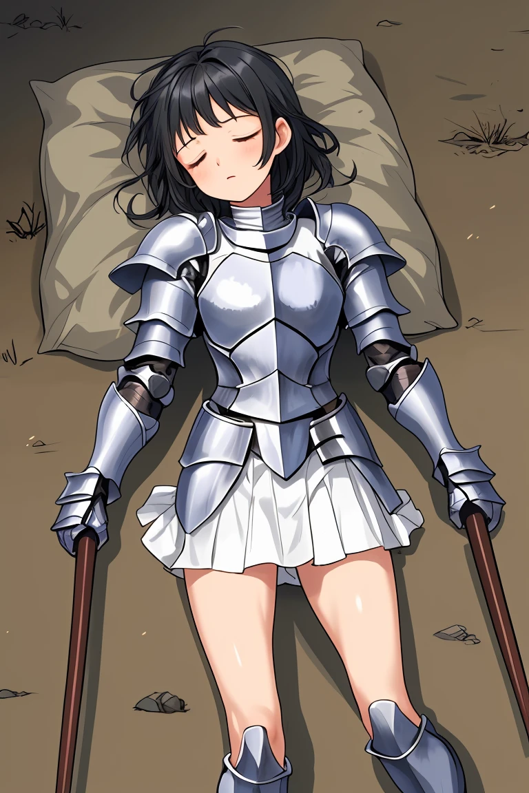 female knight　Black Hair　armor　Torn white skirt　No underwear　battlefield　squat