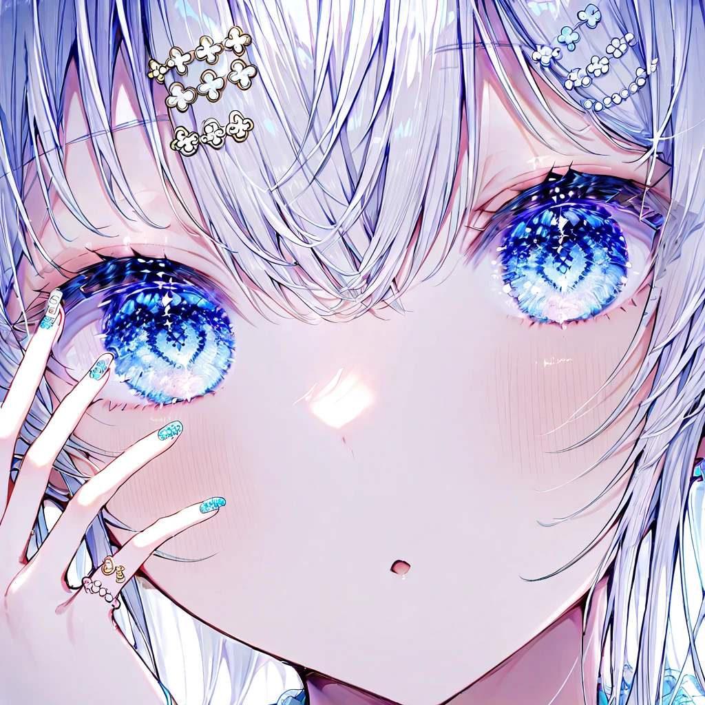 One girl, Aqua Nail, bangs, 青いnail, close, Eye focus, Eyebrows visible through hair, eyelash, face, nail, Sparkle, Shine, Hair between the eyes, jewelry, View your viewers, multicolo赤いnail, nail art, Manicure, 紫色のnail, 赤いnail, Silver Hair, Simple Background, alone, Shine,    