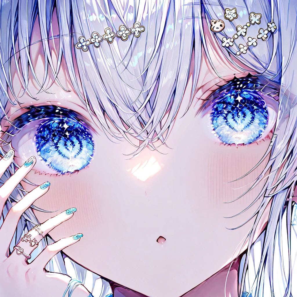 One girl, Aqua Nail, bangs, 青いnail, close, Eye focus, Eyebrows visible through hair, eyelash, face, nail, Sparkle, Shine, Hair between the eyes, jewelry, View your viewers, multicolo赤いnail, nail art, Manicure, 紫色のnail, 赤いnail, Silver Hair, Simple Background, alone, Shine,    