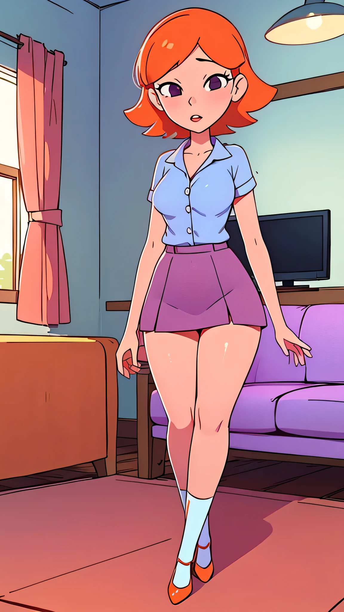 a age girl sexy attractive beautiful cool popular short orange hair disheveled cut light red lip wears long light blue button shirt sensual curves and a short purple miniskirt pair short blue socks legs white heel she walking living room class, huge breasts
