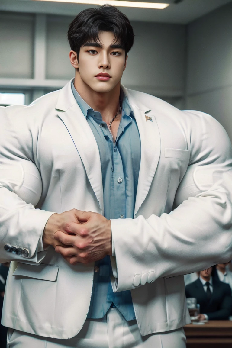 1 handsome young muscular man, (brutalmass:1.55), (kpop: 1.33), (detailed perfect face, black eyes: 1.2345), standing indoors, (extremely wide and broad shoulders, super muscular, giant muscles: 1.331), (white suit: 1.555), realistic skin, (ultra realistic, detailed, high quality, 8k image quality, finely detailed, masterpiece, best quality: 1.2), facing camera, looking at camera