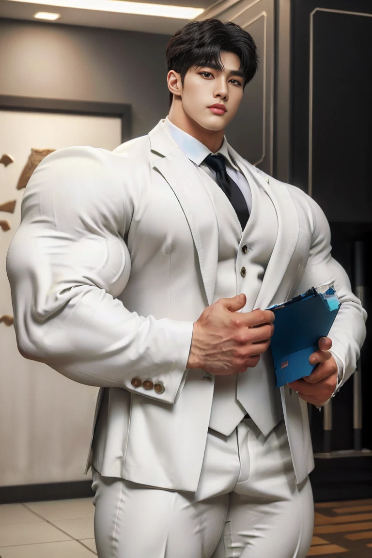 1 handsome young muscular man, (brutalmass:1.55), (kpop: 1.33), (detailed perfect face, black eyes: 1.2345), standing indoors, (extremely wide and broad shoulders, super muscular, giant muscles: 1.331), (white suit: 1.555), realistic skin, (ultra realistic, detailed, high quality, 8k image quality, finely detailed, masterpiece, best quality: 1.2), facing camera, looking at camera