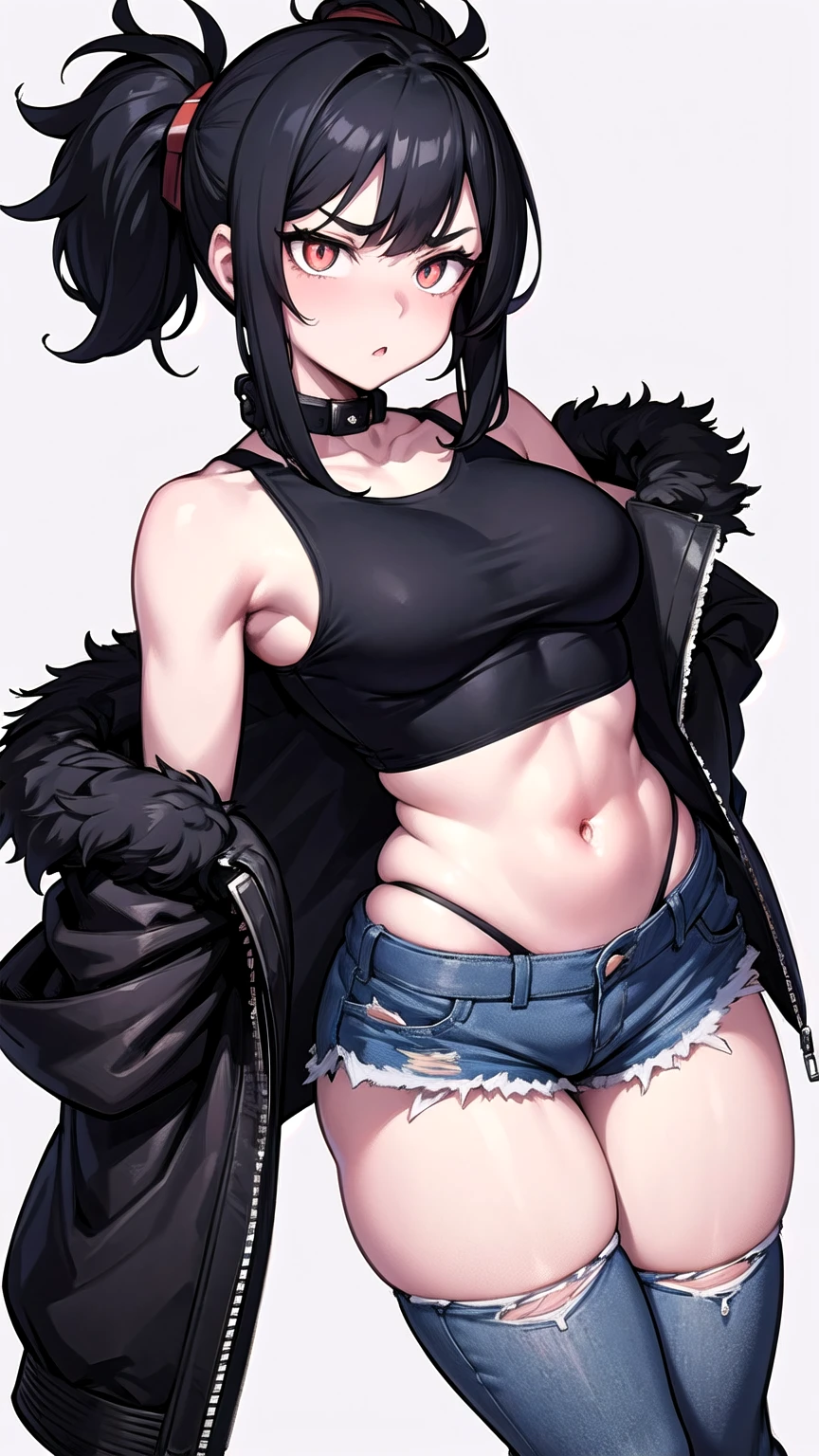 My Hero Academia artstyle, 18 year old girl, fluffy wolfcut haircut, black hair, middle part in hair, sleeveless crop top with ribs design, army jacket falling off shoulders, black ripped jeans, thick legs and hips, bored expression, crimson eyes,wide pupils, tomboy