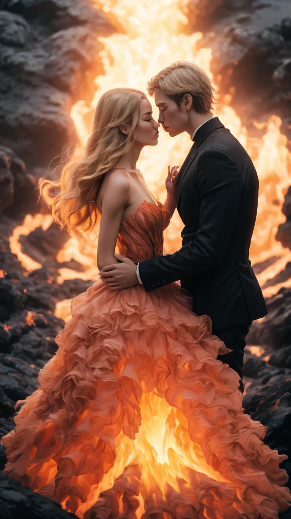 masterpiece, Best quality, detailed, high resolution, (flame/hot焰/flame,Dynamic Scenes:1.3),Romantic couple kissing in fire,Firestorm, on fire, Weird fantasy image, Very good skin texture,Magic Circle, Casting a Spell, peculiar, 紫色strength, strength, hot, meteor,