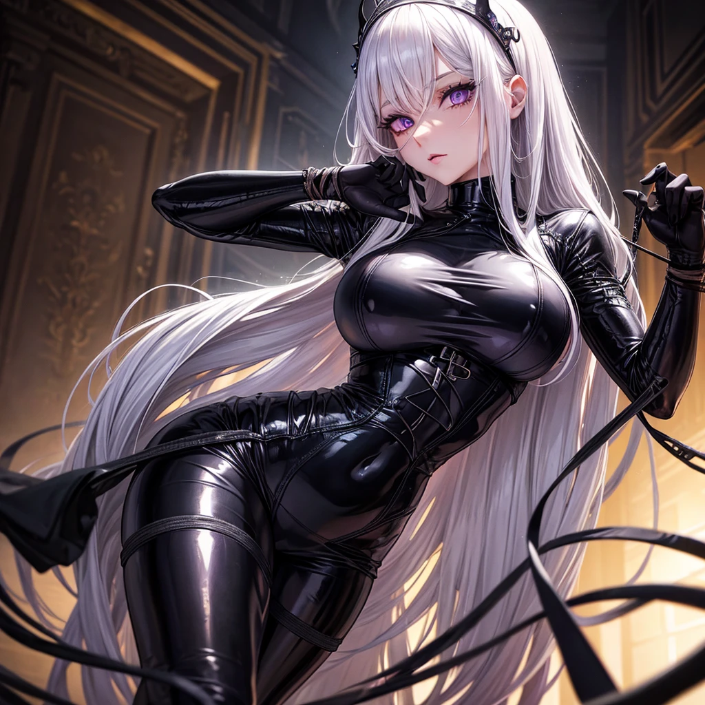 a woman with long white hair and violet eyes, beautiful detailed face, extremely detailed eyes and face, long eyelashes, wearing a tight black latex outfit, giving a seductive look, in a dark BDSM-themed room, bondage ropes, tied up, double penetration, fourth wall breaking, highly detailed, masterpiece, hyper-detailed, ultra-realistic, 8k, HDR, cinematic lighting