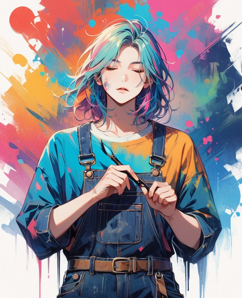 (work of art, better quality:1.2), 1 man, alone, Wear dirty overalls., With brush and palette in hand. short, Colorful and dreamy hair. young man