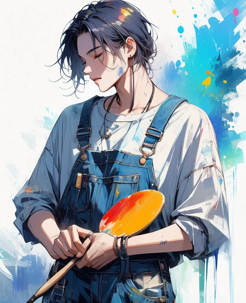 (work of art, better quality:1.2), 1 man, alone, Wear dirty overalls., With brush and palette in hand. short, Colorful and dreamy hair. young man