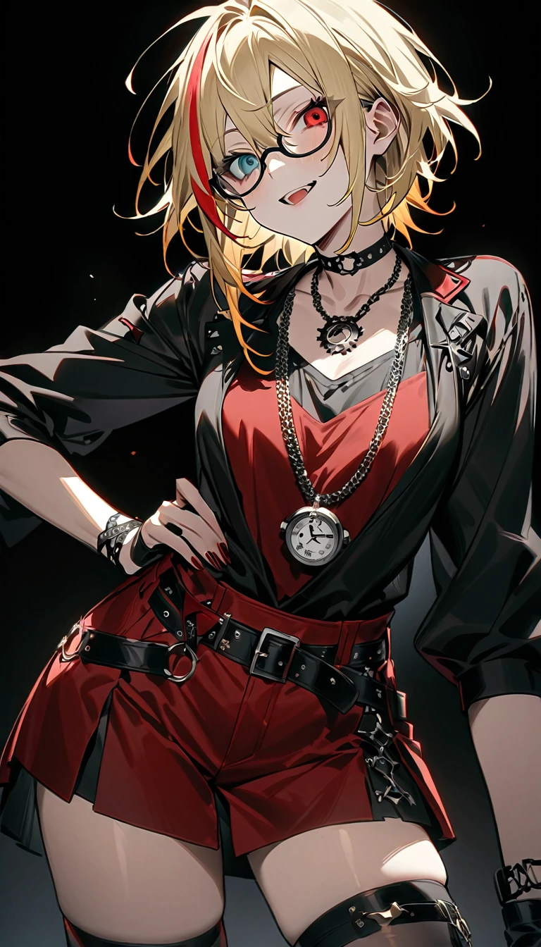 (((masterpiece,Highest quality))),(((スチームパンク風でVisual Keiの黒を基調とした衣装の短い髪のアニメの中性的な男性))),((Androgynous but male)),(((Visual Kei))),(((red and blonde streaked hair))),highlights hair,((Wears stylish, thick-framed glasses)),((Blue and red heterochromia)),((Clock and gear motif necklace,A brooch with a clock and gear motif)),Cruel Laughter,(((Black Background))),Focus on the whole body,(high quality),アニメ