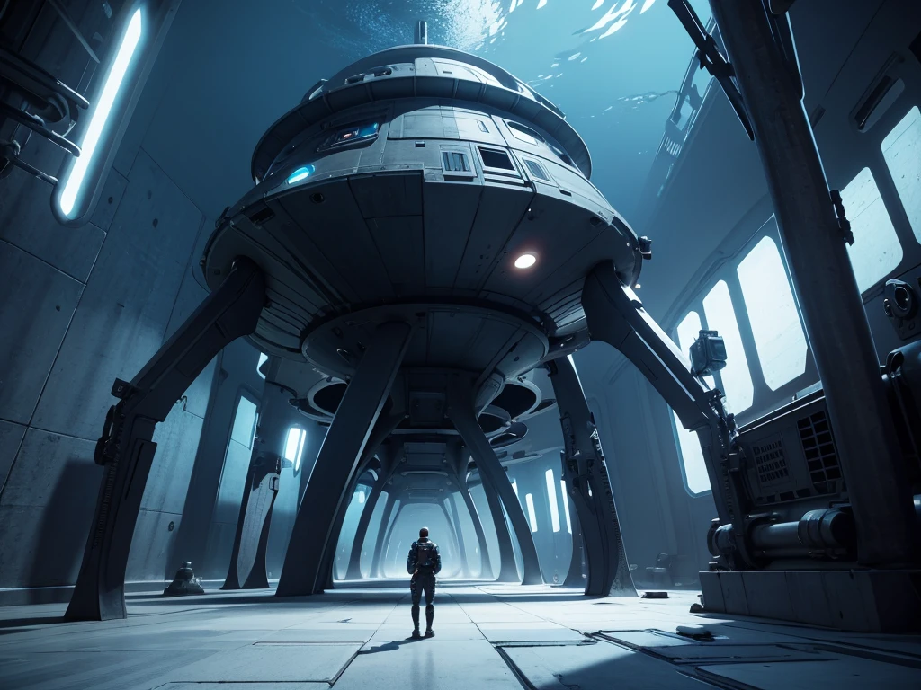 there are two people standing in a tunnel with a spaceship in the background, in a underwater horror scene, fashion gameplay screenshot, humans hide in the underwater, 2020 video game screenshot, life simulator game screenshot, video game screenshot>, screenshot from the game, standing in a space ship wreck, standing under the sea, video game screenshot