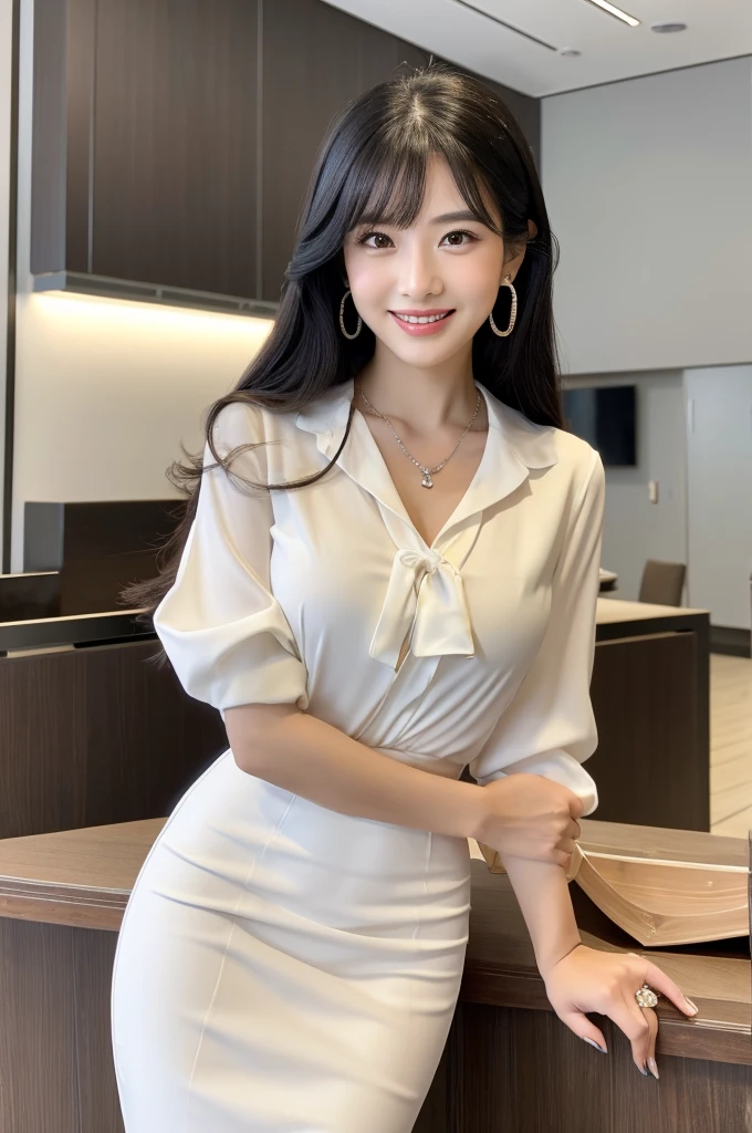 Receptionist at a client company, company receptionist, ((full body)), ((photo)), ((best qualtiy, 8K, tmasterpiece:1.3)), Focus:1.2, perfect figure beautiful girl:1.4, 1girl, cowboy shot, look at viewer, eyes facing the camera, incredibly absurd, beautiful and cute girl with a photorealistic face, showcasing top-quality craftsmanship, A Japanese girl sitting smiling as a receptionist at the reception desk, 19 years old, has long, shiny black hair, straight, with the ends curled slightly inwards, with see-through bangs cut above the eyes, fair and smooth skin, large, round almond-shaped eyes, jet black eyes, long eyelashes, double eyelids, high nose, plump lips, a smile with upturned corners of the mouth, sunken cheeks, a fragile impression, glamorous, well-balanced proportions, tall, 165cm tall, beautiful D-cup breasts, white blouse, beige tight skirt, heeled pumps, pearl necklace and earrings, silver watch, pretty older woman, beautiful, neat, has a cute voice, intelligent, elegant, calm, kind, her hobbies are reading and listening to classical music, February