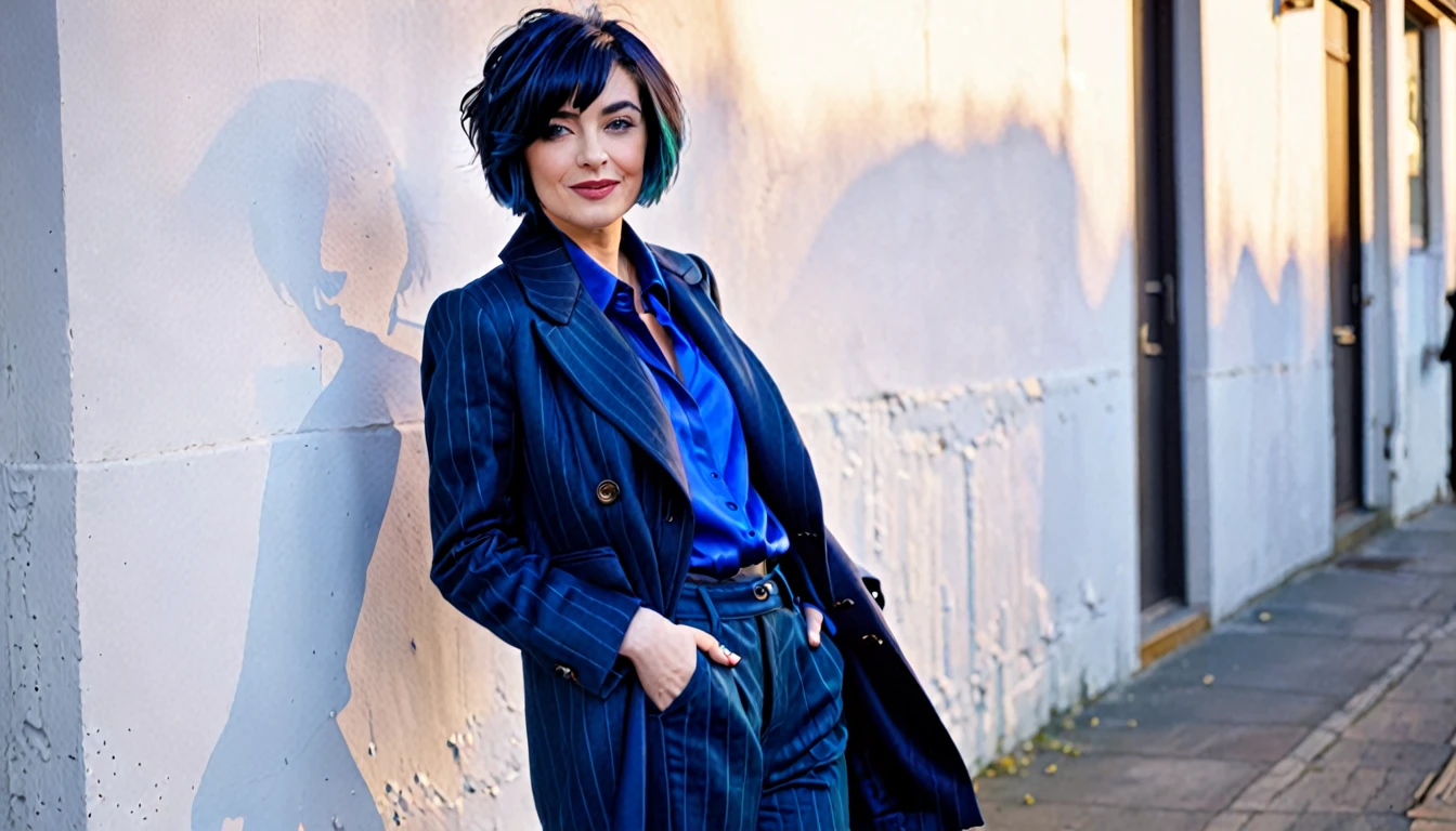 with short dark blue hair with blue highlights and worn pants and a blouse and a coat