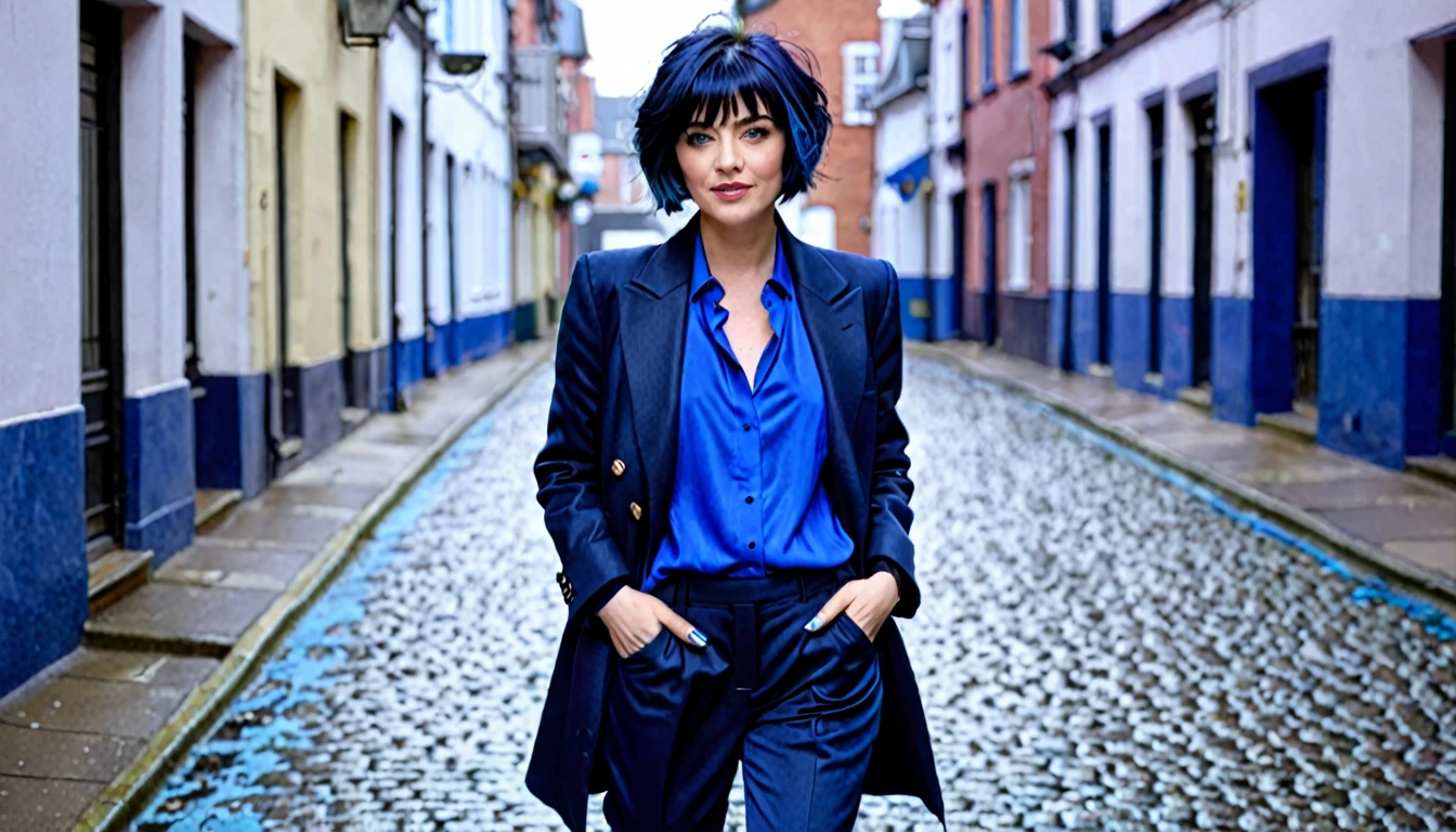 with short dark blue hair with blue highlights and worn pants and a blouse and a coat