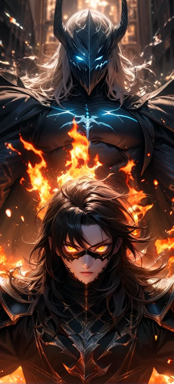 High quality, ultra realistic,absurdres, highres, ultra detailed, HDR, masterpiece, extremely detailed face and eyes,  darkbringer , cool mask , Saint Saiya , Dark fire Armor, solo, ,man, handsome, ,white eyeleshes, black eyes , villain expresion, black  effect, fire black lightning  effect,glowing glitters , symetrical , black aura, fire, flaming effect