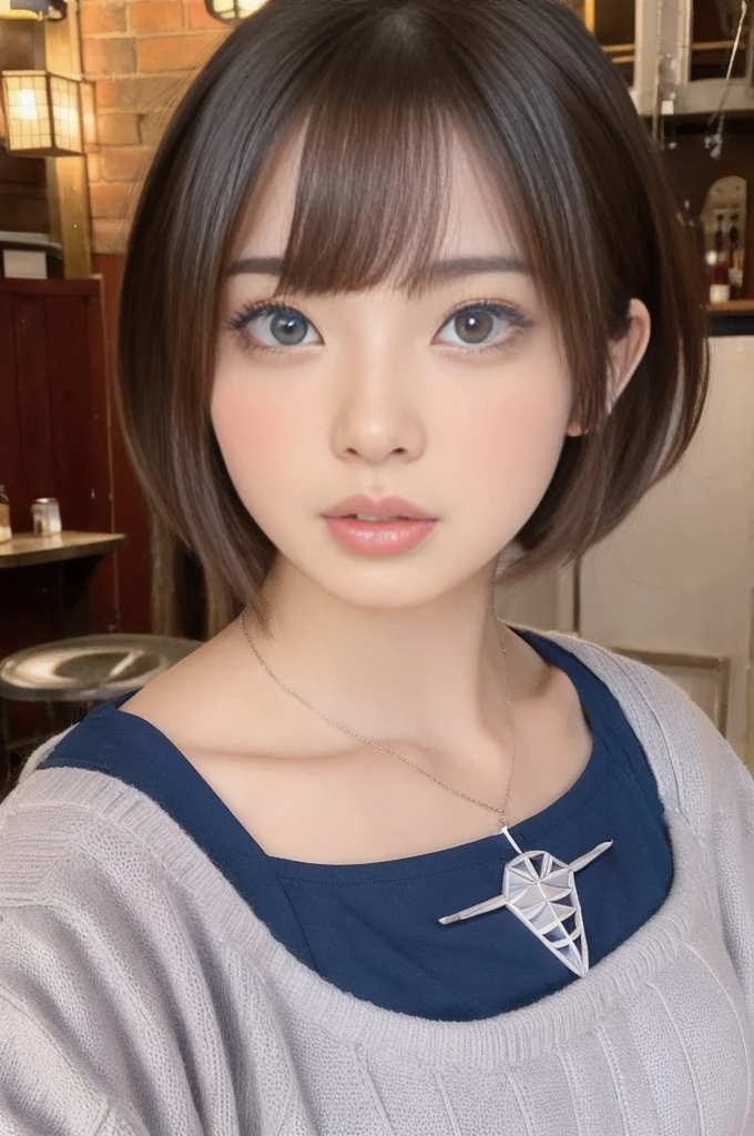 (Sexual climax:1.5),short hair,Part-time job at a bar,8--old,per cute Japan person:1.5),Detailed face,(Beautiful symmetry eyes for detail:2.0),Natural Makeup