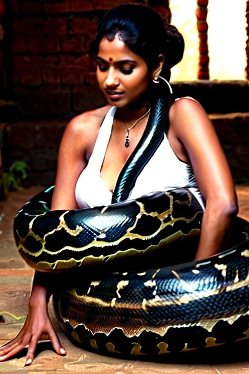 Pregnant Happy Horny, aroused 1girl), beautiful kneeling Indian young teen girl with giant colossal black titanboa squeezing her hard, wrapped in thick spiraling coils, constricted, struggle, gasping for air, snake attack, snake peril, moonless night, dim light
