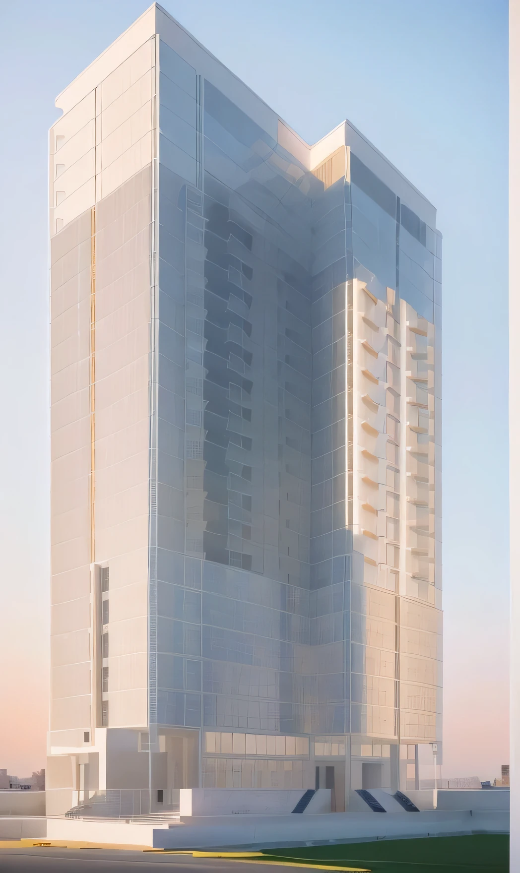 exterior of a highrise building, naoclassical style, colum and floor concrete, white facade, daylight, beautiful sky, in the city, high quality, masterpiece, uhd, 8k, raw photo,