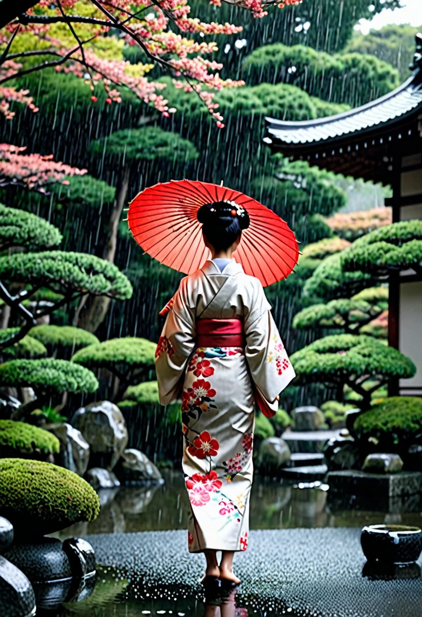 detailed, 8K, Movie angle, in the rain、A woman in a kimono holding an umbrella stands in a Japanese garden。.