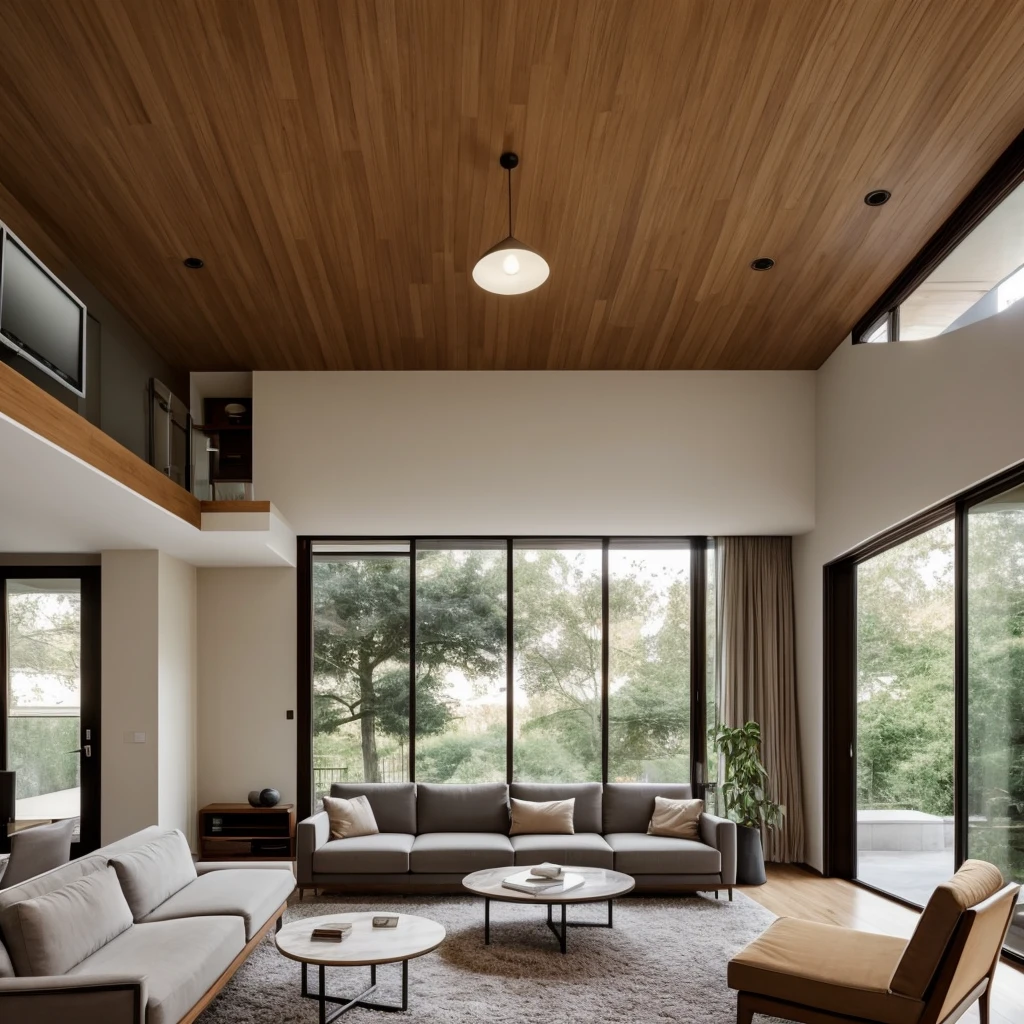 A double-height ceiling living room with one side being a regular wall decorated with simple ornaments, and a large, floor-to-ceiling window without curtains on another side. Outside the window, there is a garden. The living area is furnished with plush, contemporary sofas and chairs in neutral tones, grouped around a low, central coffee table. There is a study desk with a computer on it. The room's color palette is composed of dark brown and warm tones, with the soft lighting from various lamps adding a cozy ambiance.