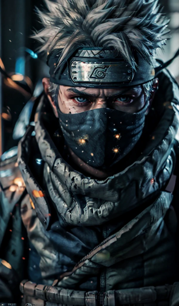 close-up detailed portrait of Kakashi Hatake from Naruto, hyper realistic, glowing blue eyes,dramatic, gritty, intense expression, best quality, 8k, insane details, intricate details, hyperdetailed, high quality, masterpiece, mid shot, macro shot, holographic reality, holographic halo, motion blur, game light effect, rim light, soft light, movie rim light, delicate light, cyberpunk style, oil painting texture, full length shot, 3D artist, detailed, futuristic, lightning, 