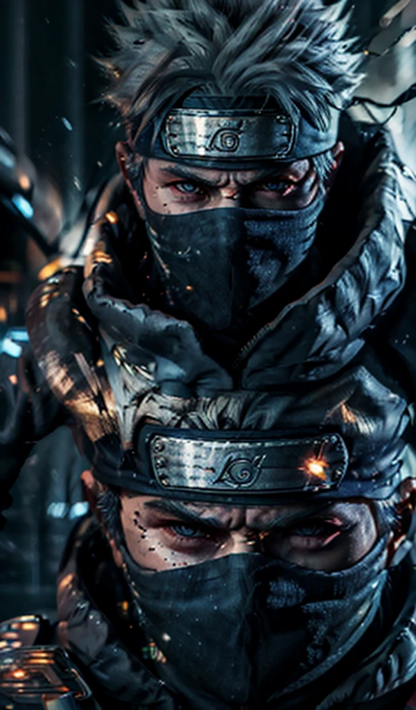 close-up detailed portrait of Kakashi Hatake from Naruto, hyper realistic, glowing blue eyes,dramatic, gritty, intense expression, best quality, 8k, insane details, intricate details, hyperdetailed, high quality, masterpiece, mid shot, macro shot, holographic reality, holographic halo, motion blur, game light effect, rim light, soft light, movie rim light, delicate light, cyberpunk style, oil painting texture, full length shot, 3D artist, detailed, futuristic, lightning, 