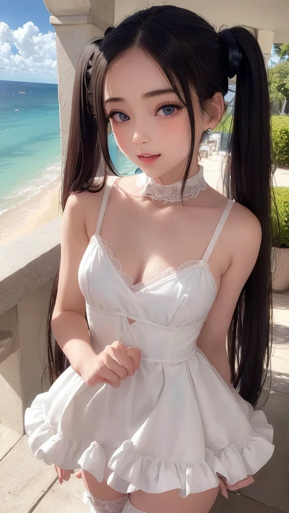 ((masterpiece)), ((highest quality、Ultra high definition)), (Very detailed),8K、Photo quality、((Amazingly cute girl)),( ), Two people, , (Beautiful emerald blue eyes), ((smile)),In the open-air bath overlooking the sea, Beautifully arranged black hair in twin tails、whole body、((Super high-end white see-through summer gothic lolita maid costA super mini skirt with lots of frills))、Professional Lighting、(White lace knee-highore detailed and beautiful)、(More details and cutenesore realistic)、(((ウインクしている)))、