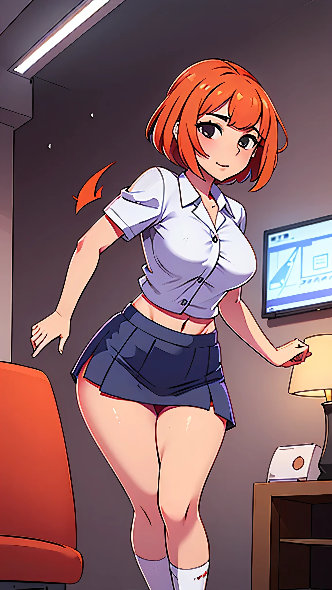 a girl sexy attractive beautiful cool popular short orange hair disheveled cut light red lip wears long light blue button shirt sensual curves and a short purple miniskirt pair short blue socks legs white heel she walking living room class